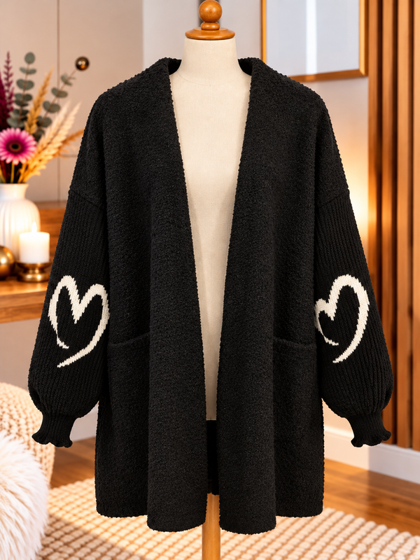 Cardigan Long Femme Noir à Cœurs Blancs – Manches Bouffantes – Taille Unique – MADE IN ITALY