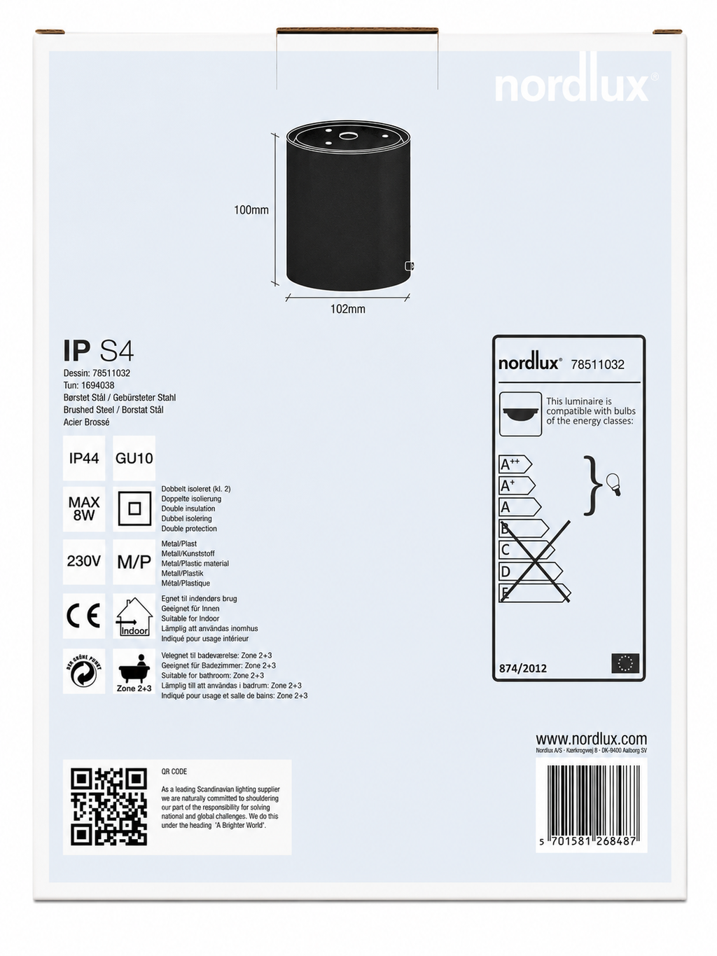 Spot / plafonnier NORDLUX IP S4 – Acier brossé – GU10 – IP44