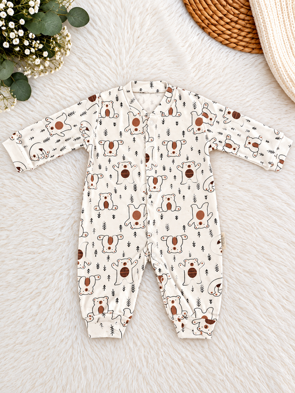 Pyjama bébé une pièce 100 % coton – Motif oursons – Écru et marron – Necix's Baby & Kids – 0 à 9 mois