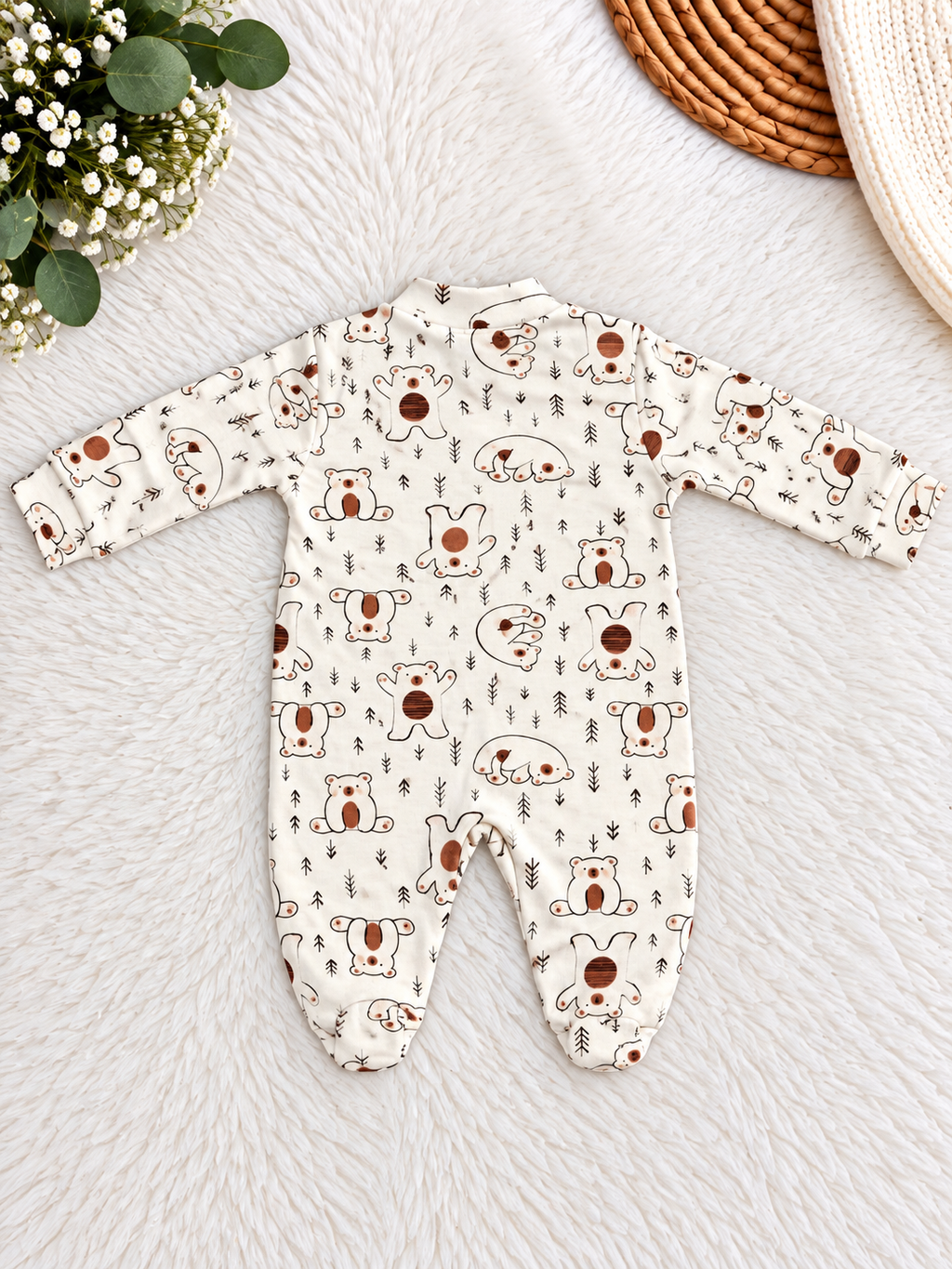 Pyjama bébé une pièce 100 % coton – Motif oursons – Écru et marron – Necix's Baby & Kids – 0 à 9 mois