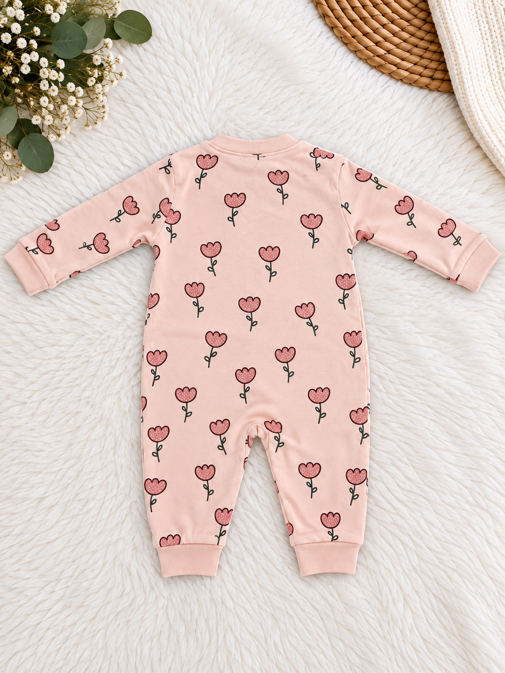 Pyjama Bébé Fille Rose Poudré à Fleurs – 100 % Coton – Necix's Baby & Kids – 0 à 9 Mois