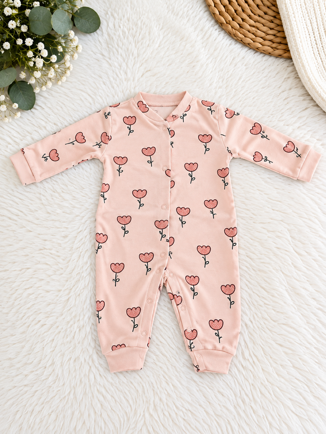 Pyjama Bébé Fille Rose Poudré à Fleurs – 100 % Coton – Necix's Baby & Kids – 0 à 9 Mois