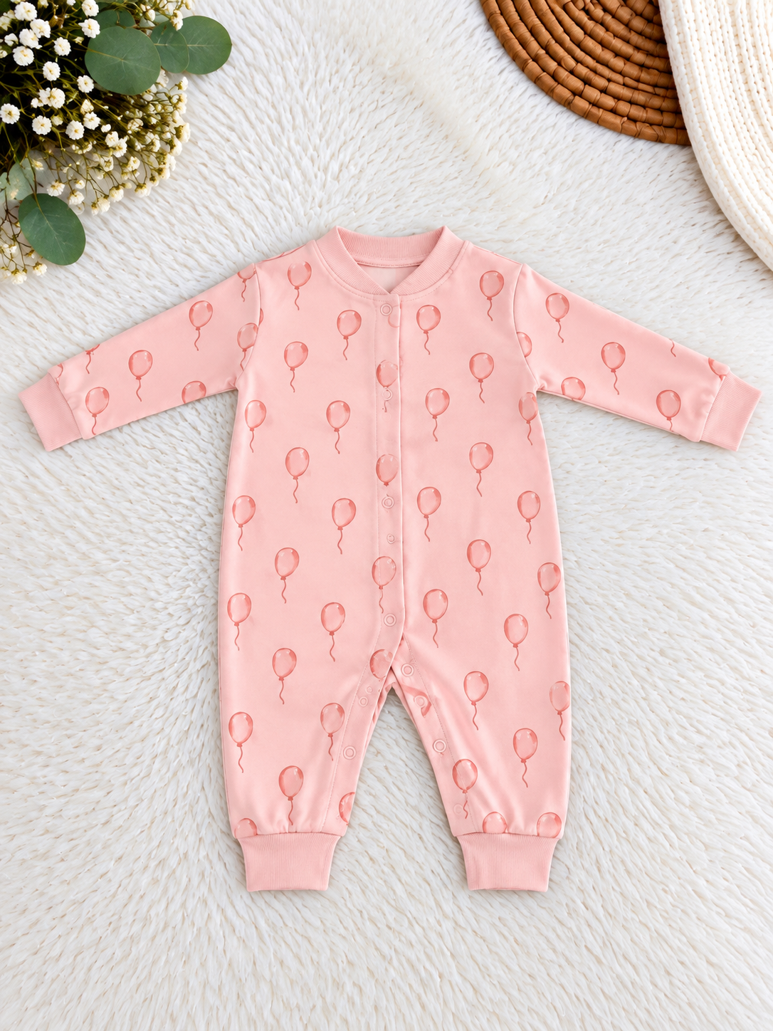 Pyjama Bébé Rose Pastel à Motifs Ballons – 100 % Coton – Necix's Baby & Kids – 0 à 9 Mois