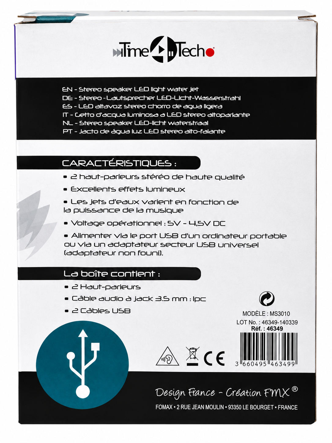 2 Haut-parleurs stéréo à jets d’eau lumineux LED – Time4Tech – MS3010