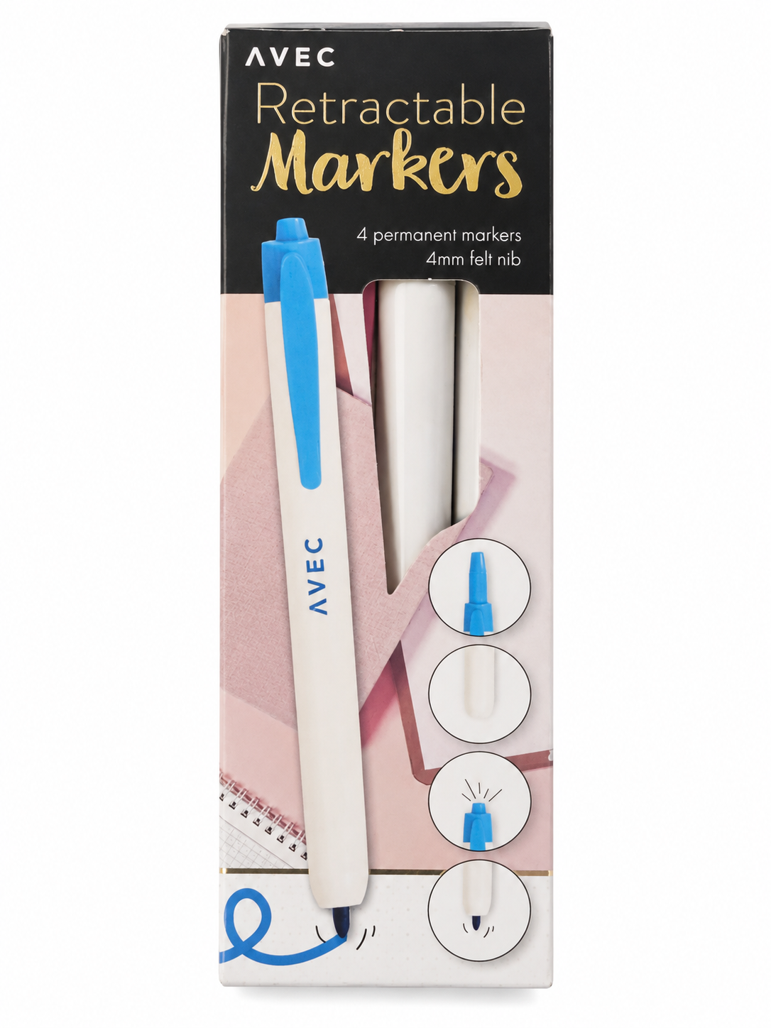 Marqueurs permanents rétractables AVEC – Lot de 4 couleurs – Pointe 4 mm