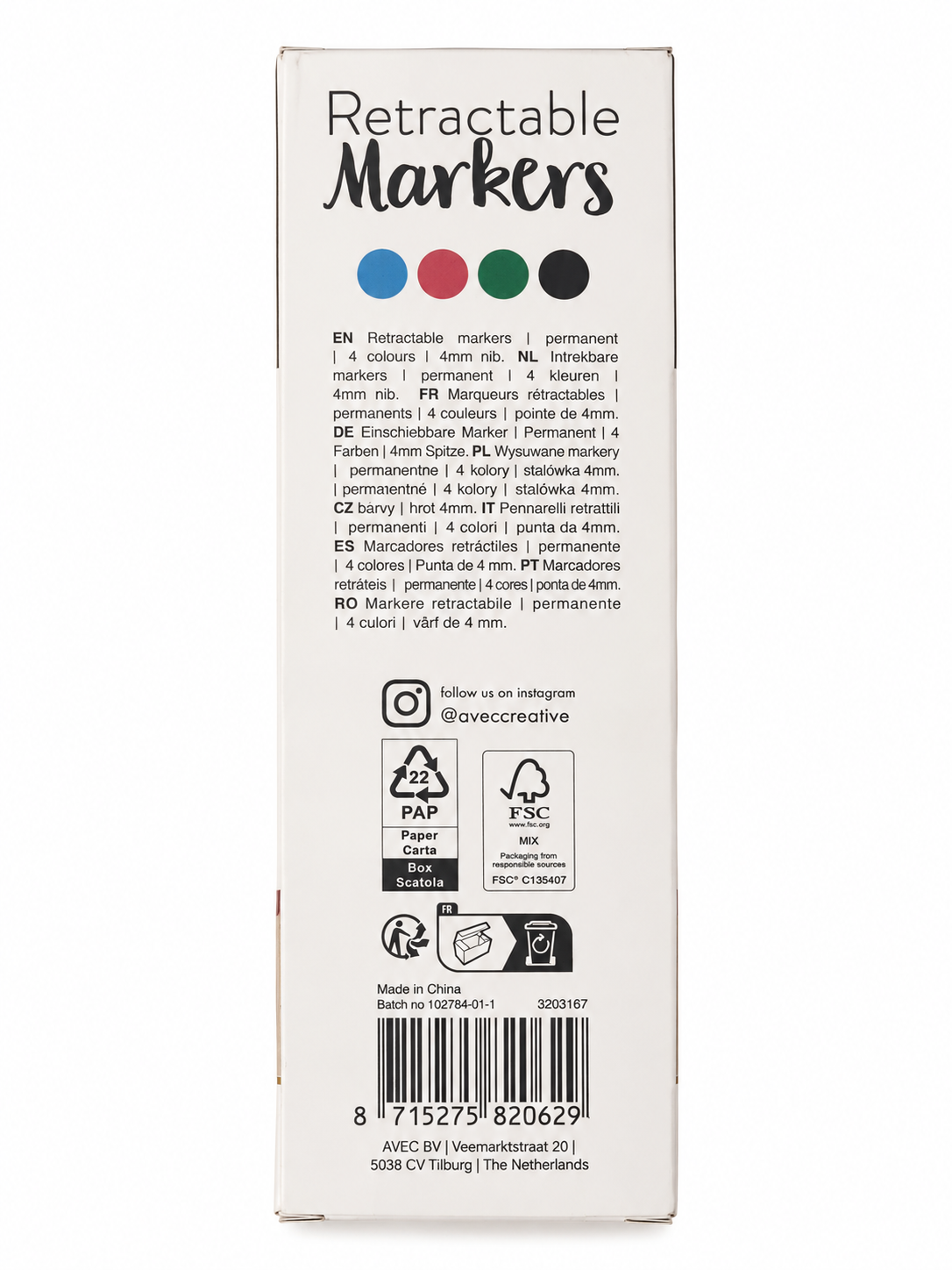 Marqueurs permanents rétractables AVEC – Lot de 4 couleurs – Pointe 4 mm