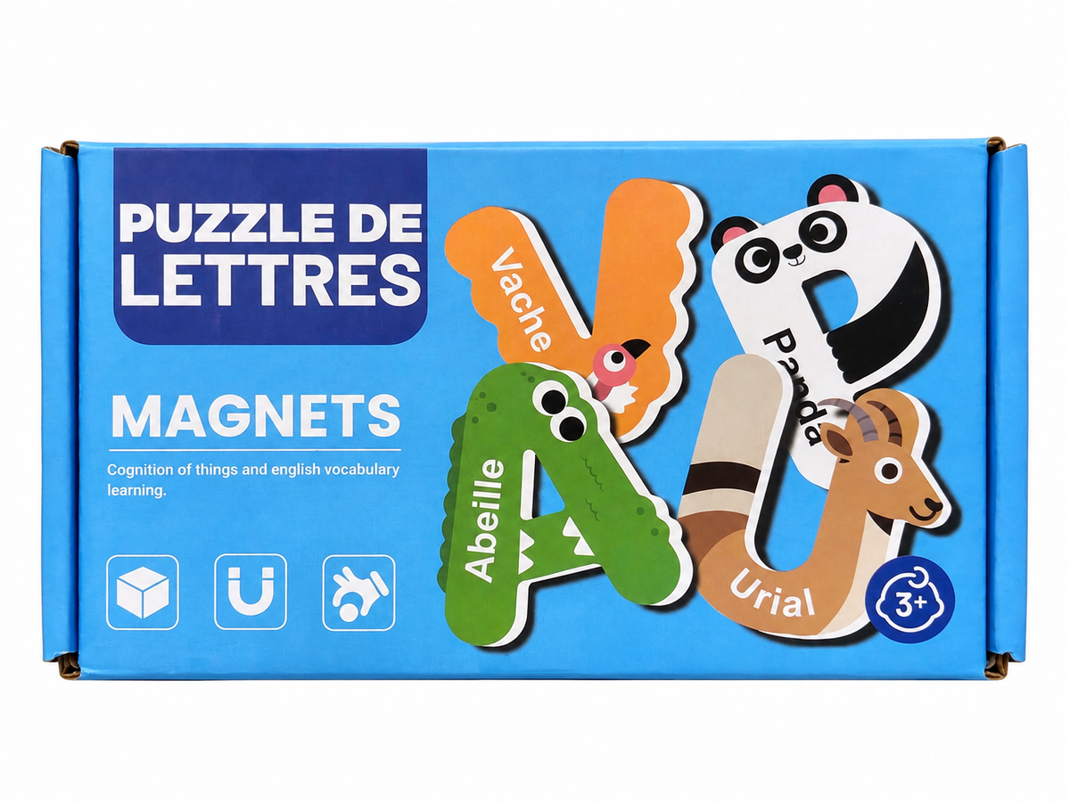 Puzzle de lettres magnétiques – Alphabet & animaux – 26 lettres – 3 ans et +