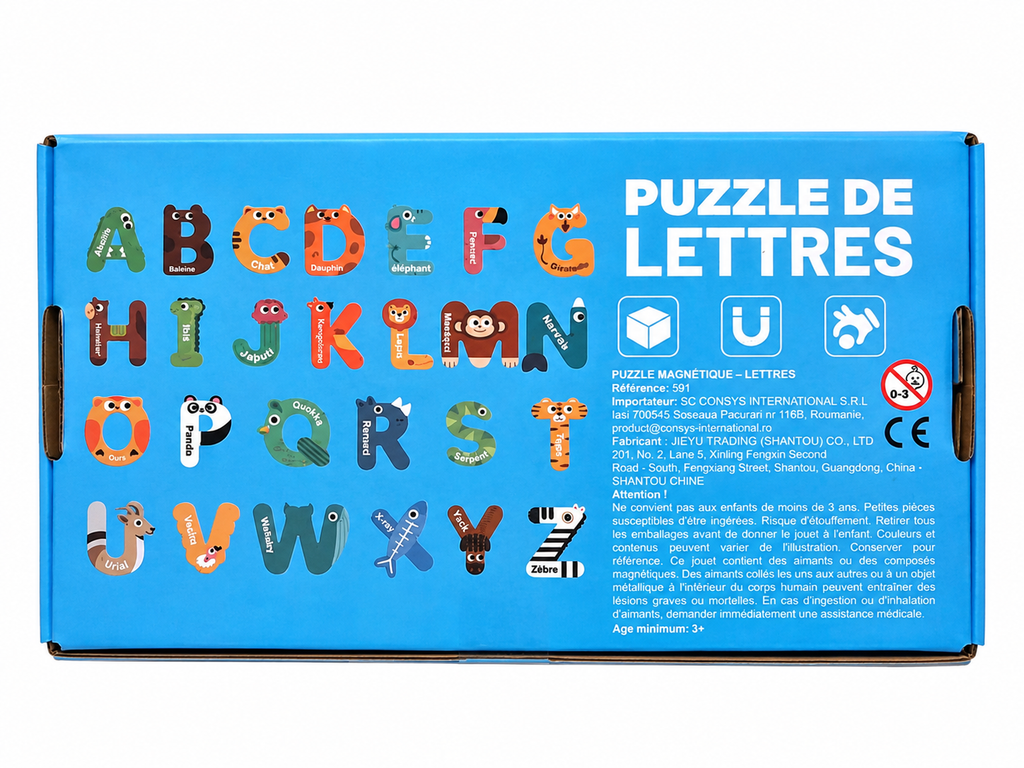 Puzzle de lettres magnétiques – Alphabet & animaux – 26 lettres – 3 ans et +
