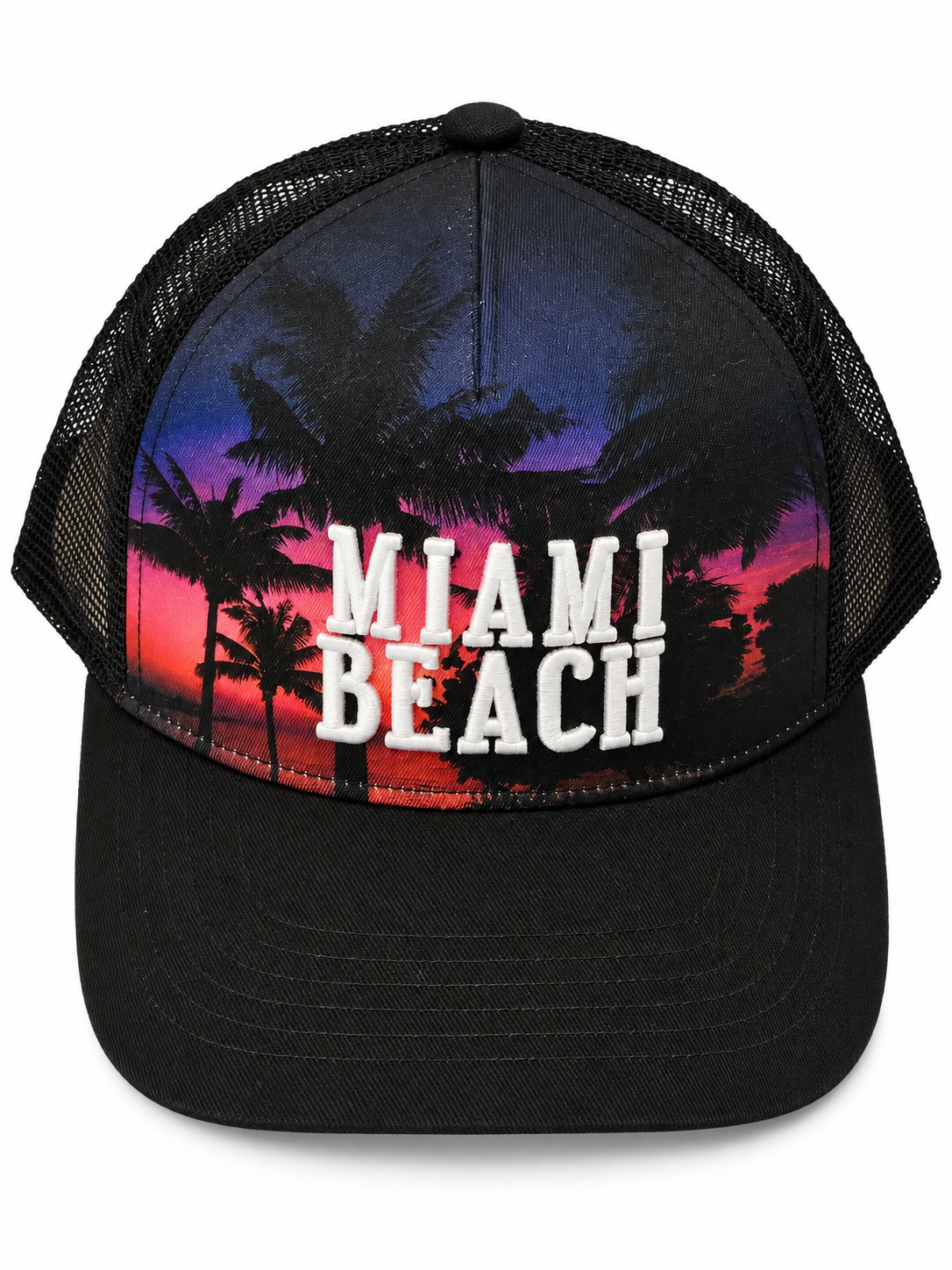 Casquette Trucker enfant « Miami Beach » – Palmiers & coucher de soleil – Noire
