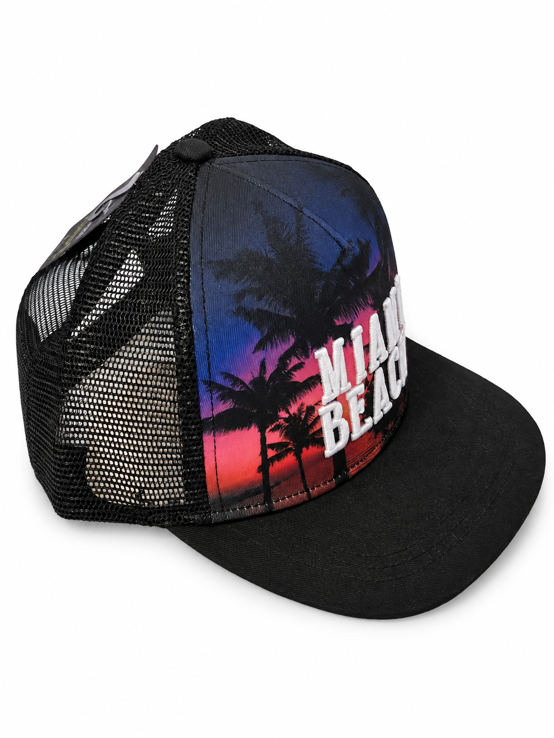 Casquette Trucker enfant « Miami Beach » – Palmiers & coucher de soleil – Noire