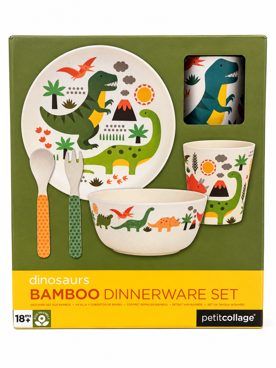Coffret repas enfant Dinosaures en bambou – Petit Collage – 5 pièces – Dès 18 mois