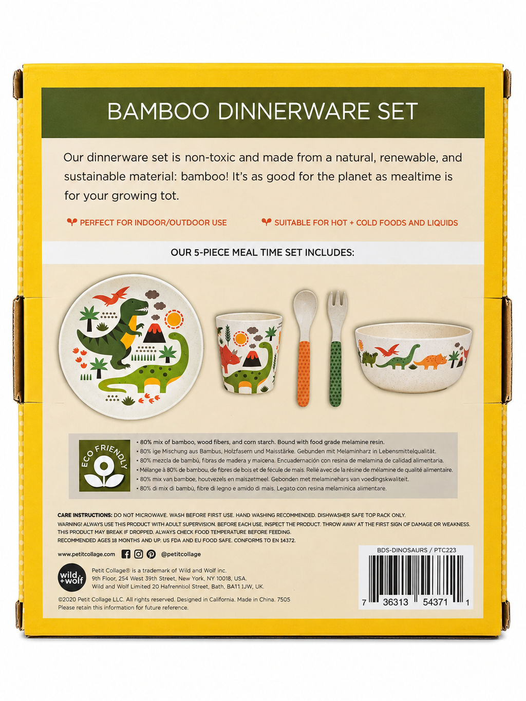 Coffret repas enfant Dinosaures en bambou – Petit Collage – 5 pièces – Dès 18 mois