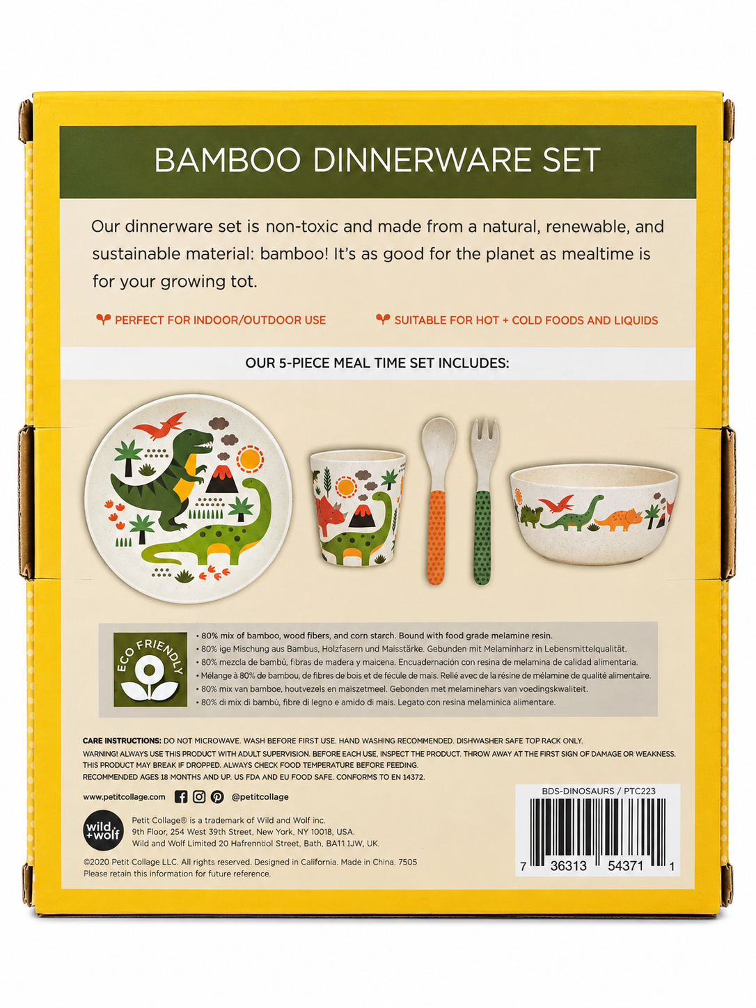 Coffret repas enfant Dinosaures en bambou – Petit Collage – 5 pièces – Dès 18 mois
