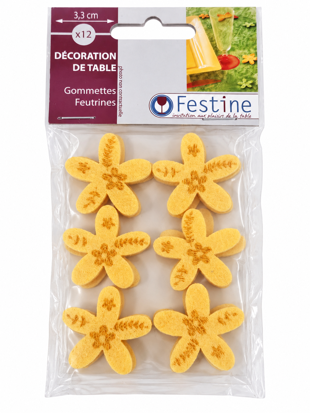 Décorations de table Festine – 12 fleurs en feutrine jaunes – 3,3 cm