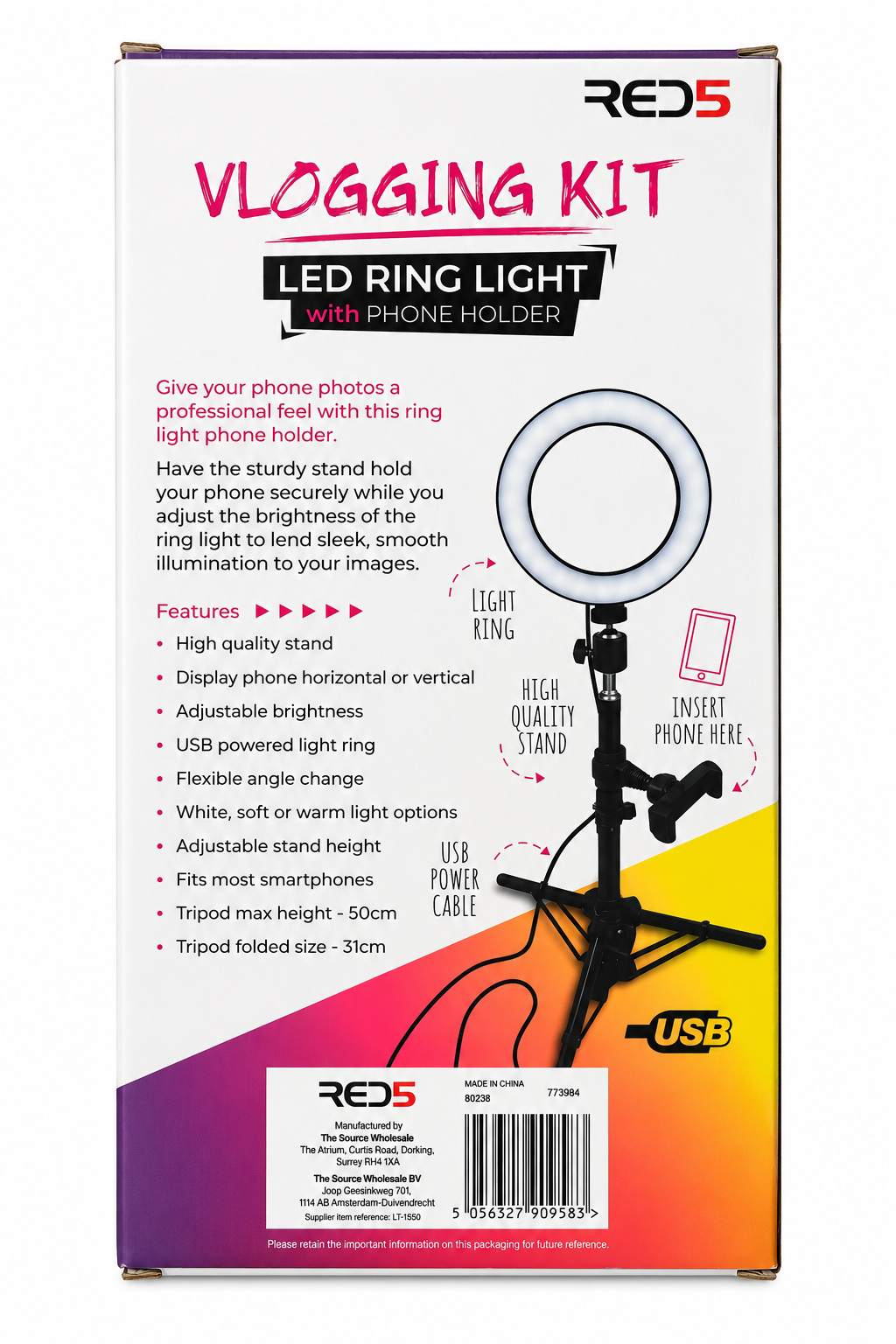 Kit Vlogging RED5 – Ring Light LED avec trépied et support smartphone – USB
