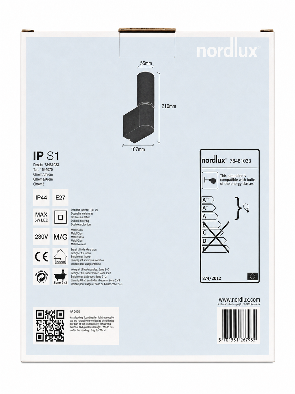 Applique murale NORDLUX IP S1 – Chrome – IP44 – E27