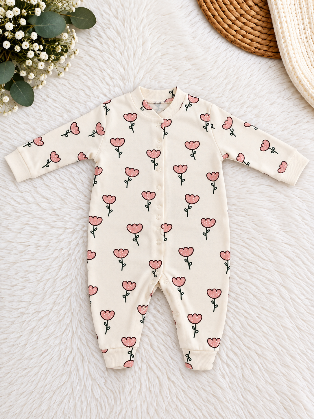 Pyjama bébé une pièce 100 % coton – Motifs fleurs roses – Écru – Necix's Baby & Kids – 0 à 9 mois