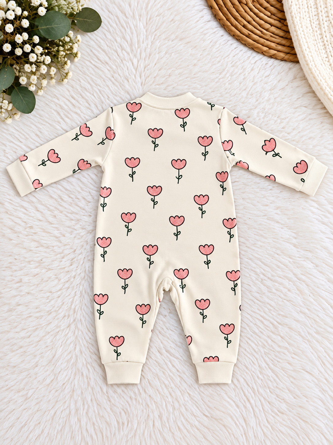 Pyjama bébé une pièce 100 % coton – Motifs fleurs roses – Écru – Necix's Baby & Kids – 0 à 9 mois