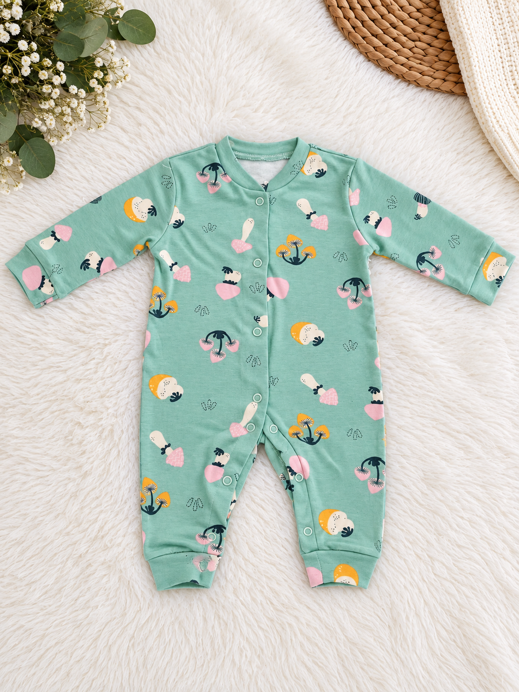 Pyjama Bébé Vert Menthe à Motifs Champignons – 100 % Coton – Necix's Baby & Kids – 0 à 9 Mois