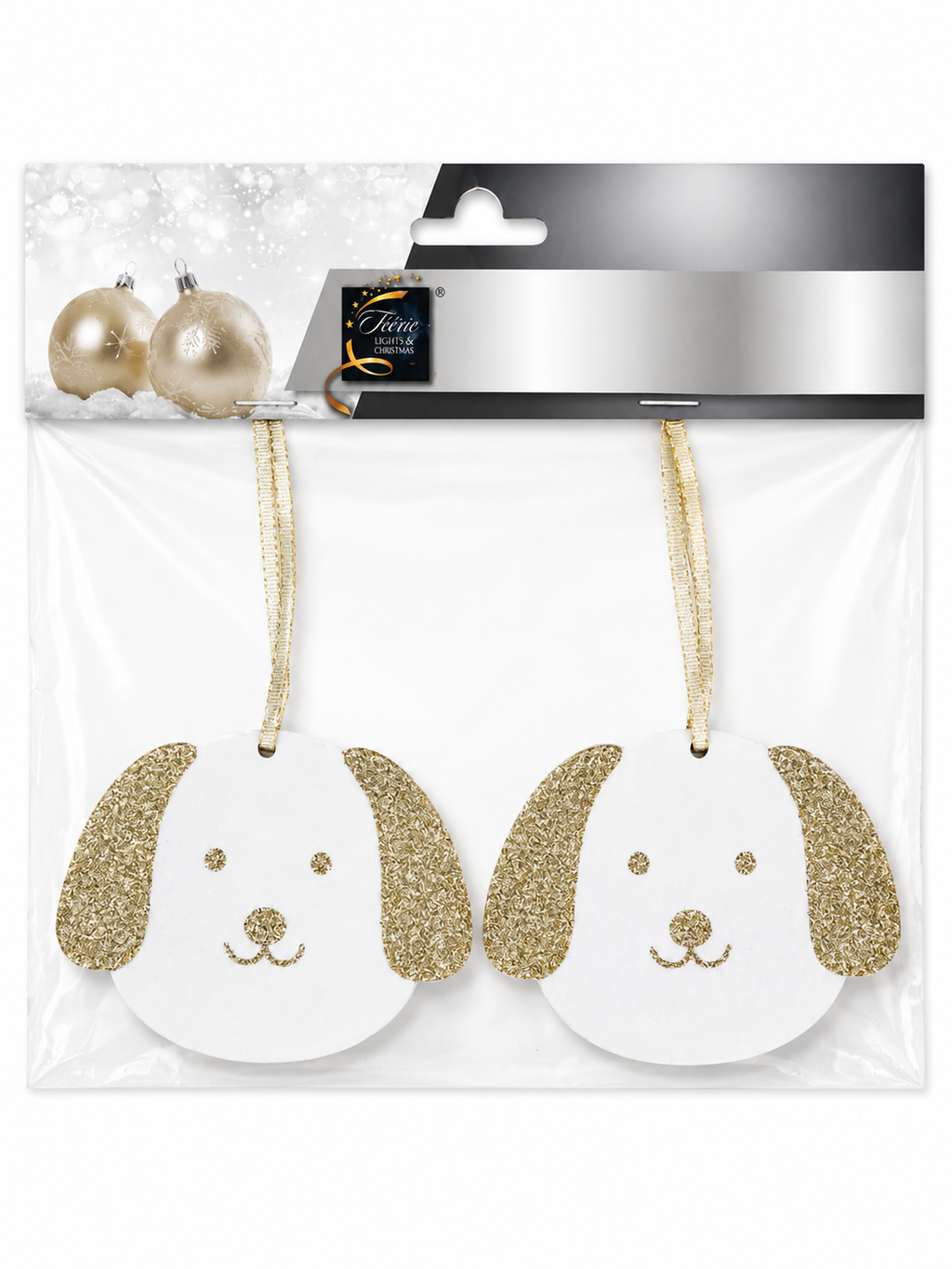 Lot de 2 ornements de Noël Chiens Blanc & Or à suspendre