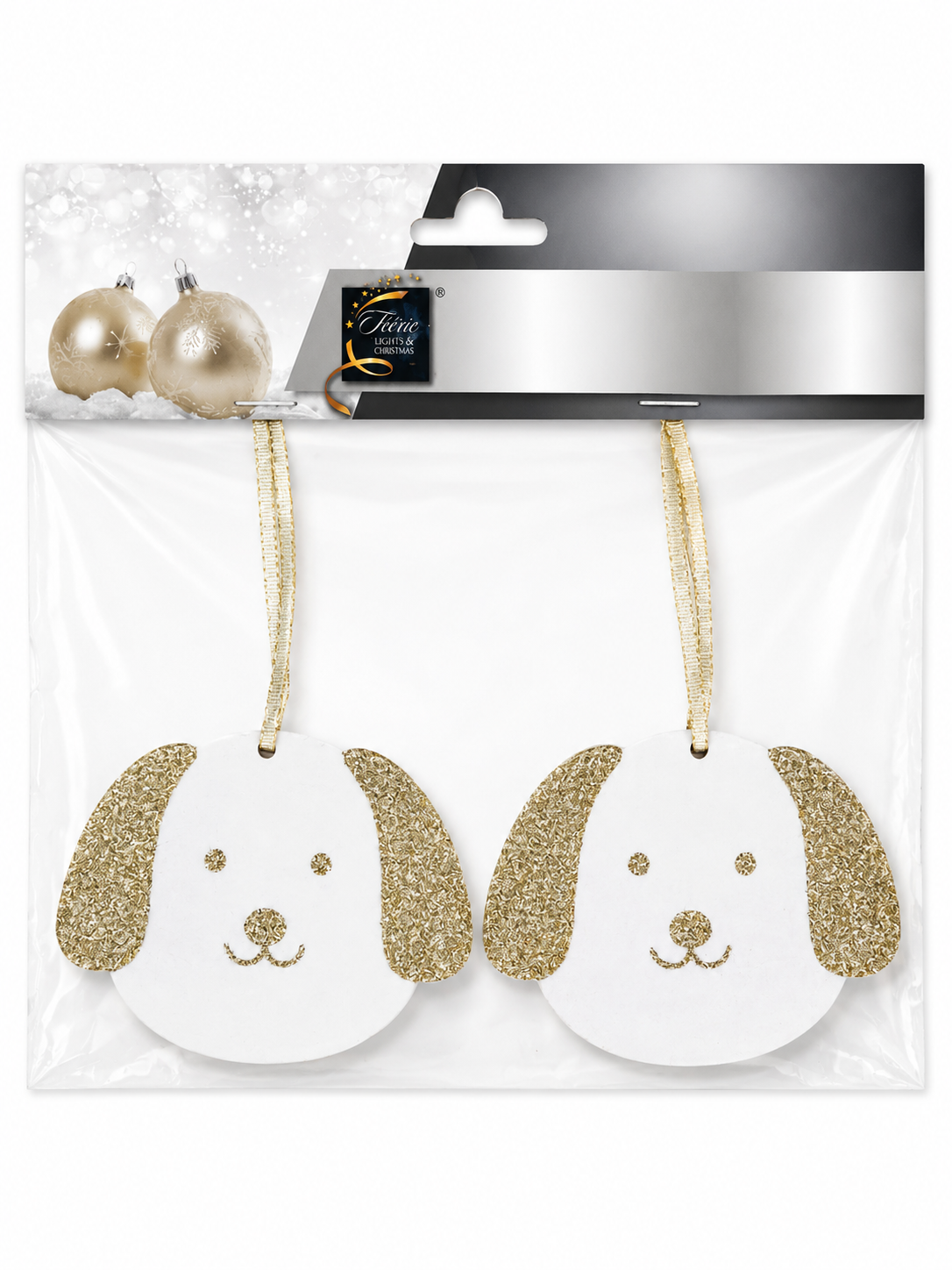 Lot de 2 ornements de Noël Chiens Blanc & Or à suspendre