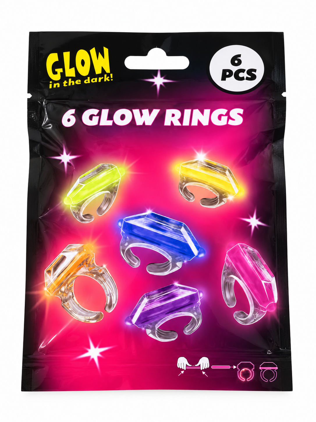 Lot de 6 bagues lumineuses phosphorescentes – Glow Rings multicolores