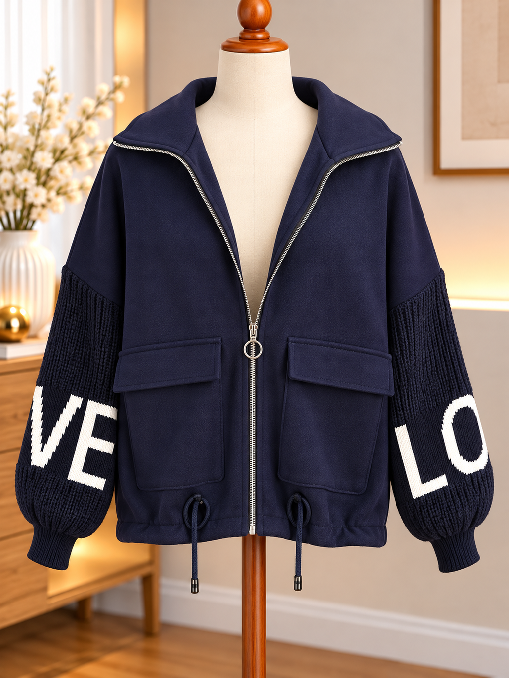Cardigan femme bleu nuit à cœurs blancs – Taille unique – Made in Italy