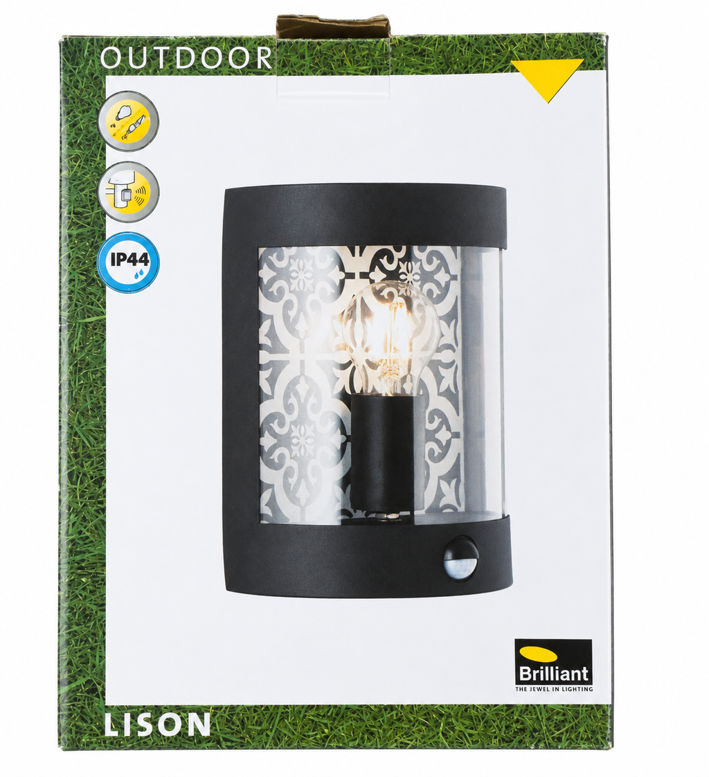 Applique murale extérieure BRILLIANT LISON – Détecteur de mouvement – E27 – IP44 – Noir