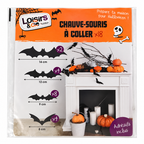 Chauves-souris décoratives à coller Halloween – Lot de 18
