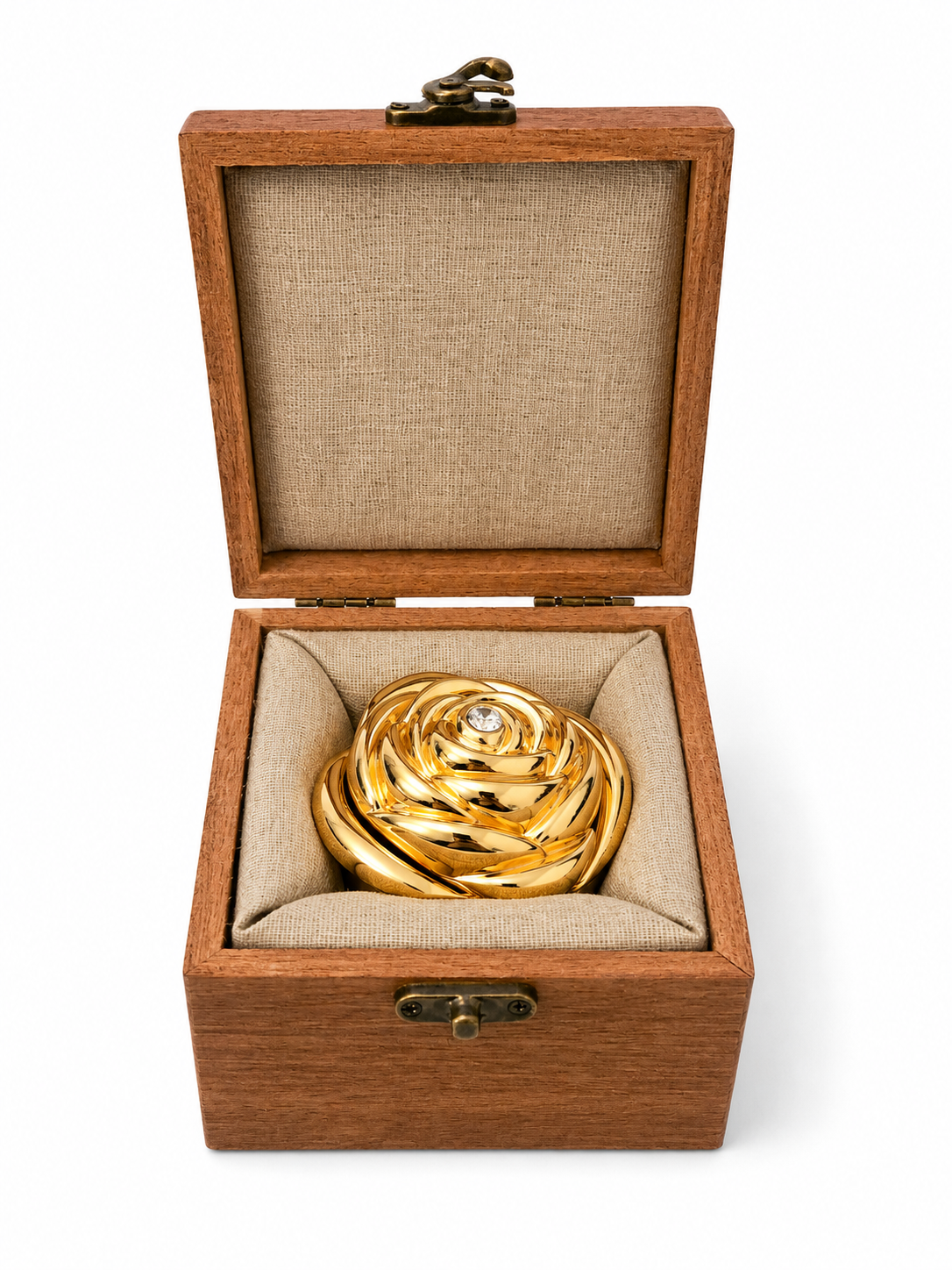 Rose éternelle rouge dans écrin doré – Coffret en bois