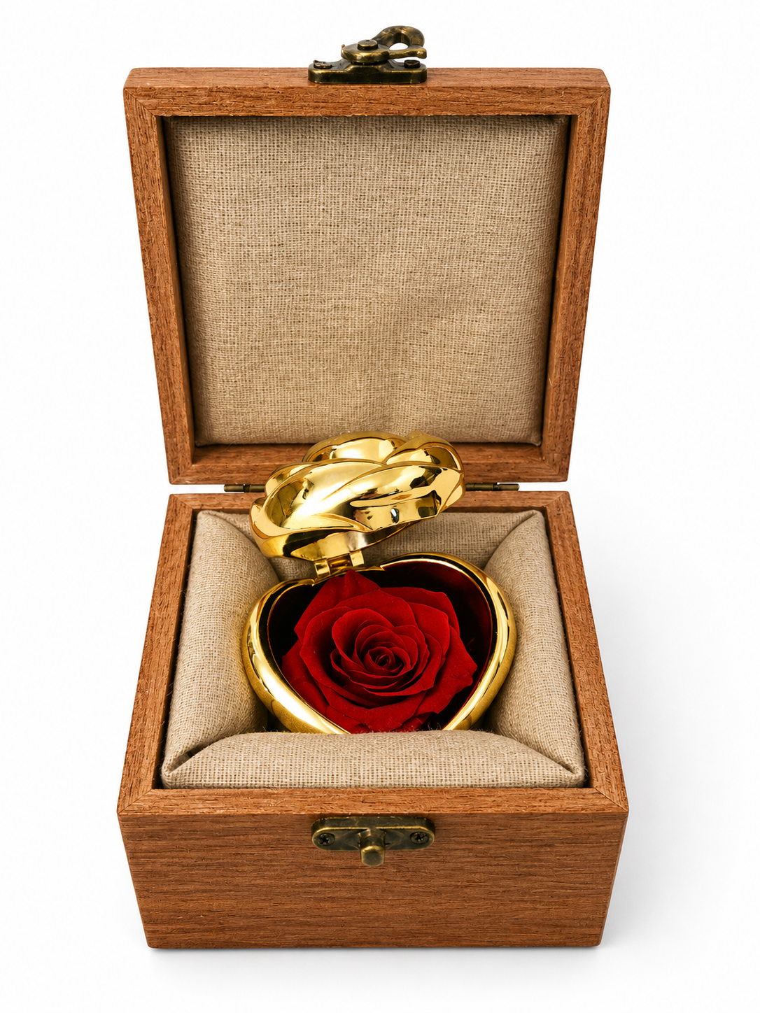Rose éternelle rouge dans écrin doré – Coffret en bois