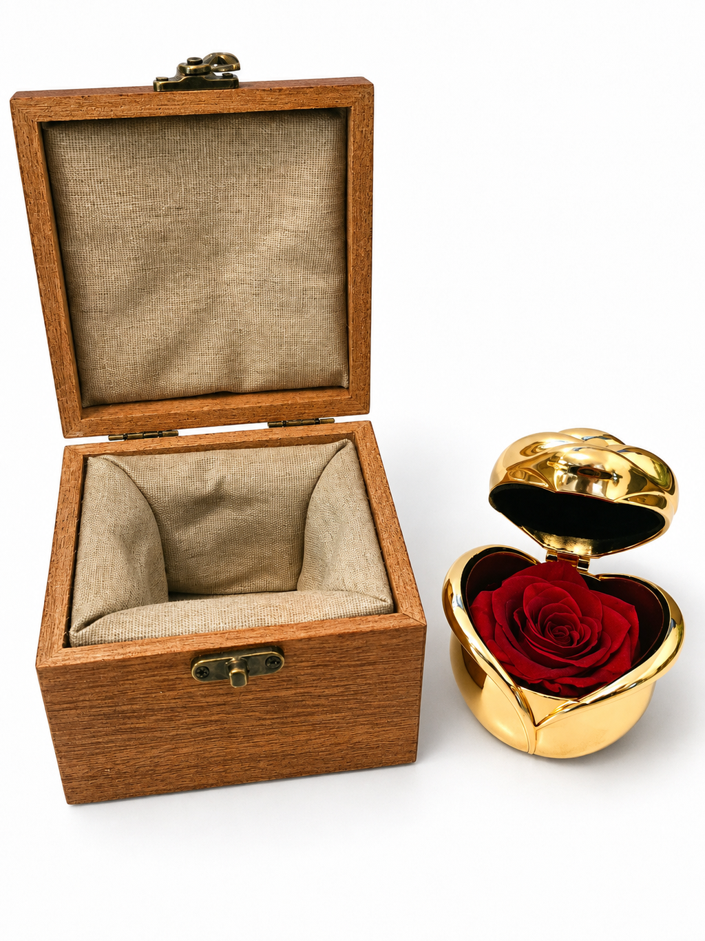 Rose éternelle rouge dans écrin doré – Coffret en bois
