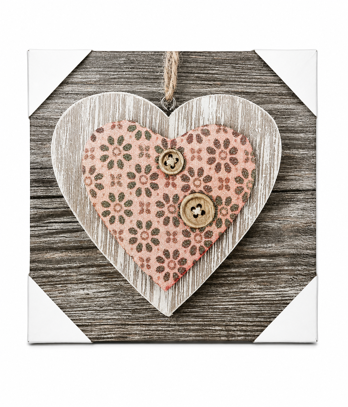 Tableau décoratif – Double cœur suspendu – 28 × 28 cm