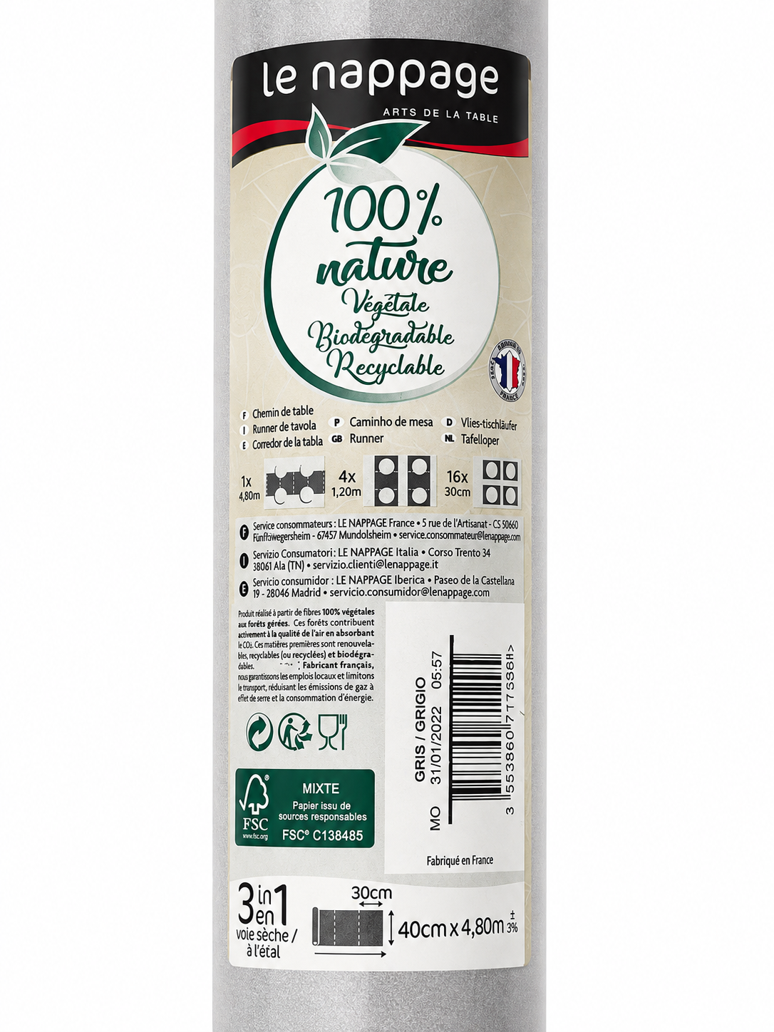 Chemin de table 3-en-1 Le Nappage – Gris argenté – 40 cm × 4,80 m