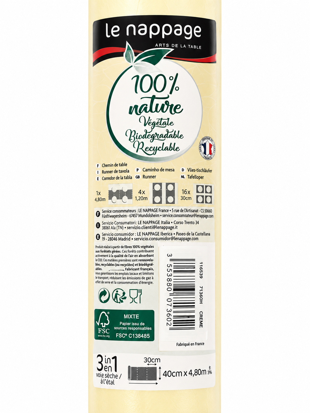 Chemin de table 3-en-1 Le Nappage – Crème – 40 cm × 4,80 m