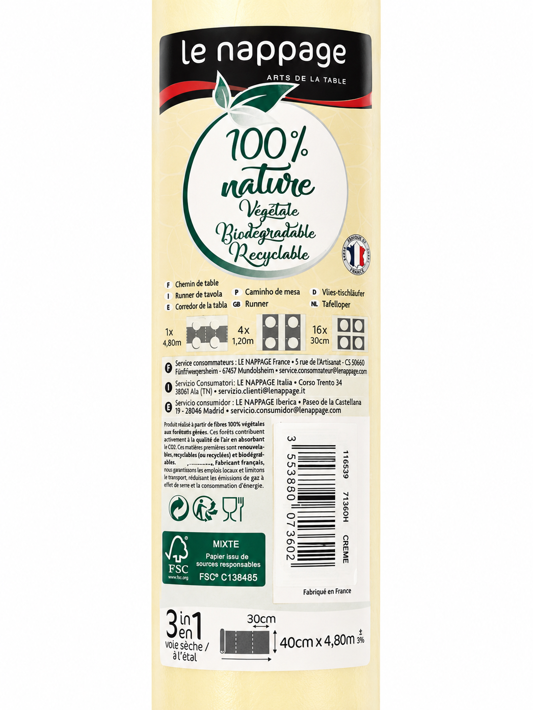 Chemin de table 3-en-1 Le Nappage – Crème – 40 cm × 4,80 m