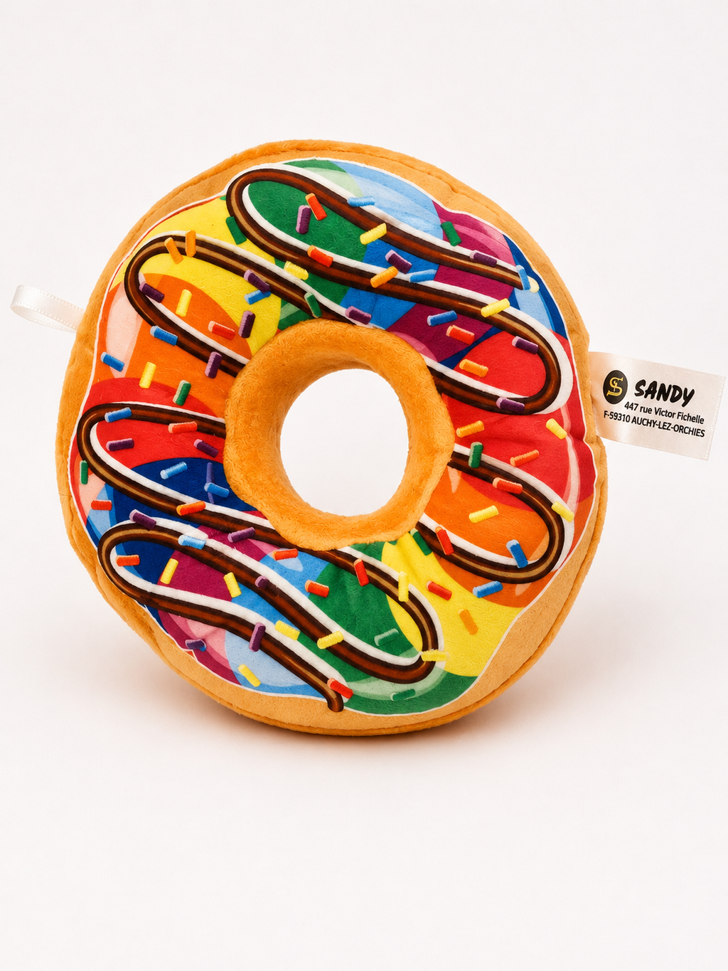 Peluche Donut orange avec glaçage coloré