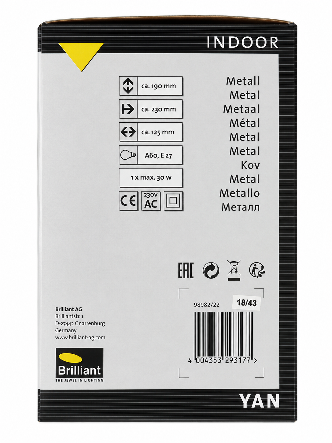 Applique murale intérieure BRILLIANT YAN – E27 – 30 W – 3 coloris