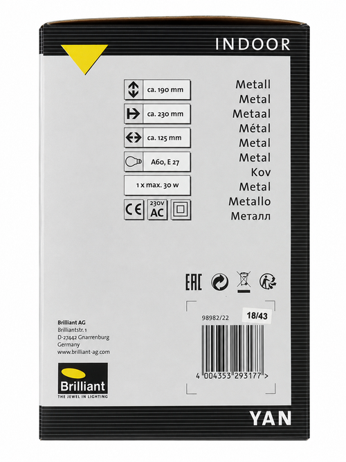 Applique murale intérieure BRILLIANT YAN – E27 – 30 W – 3 coloris