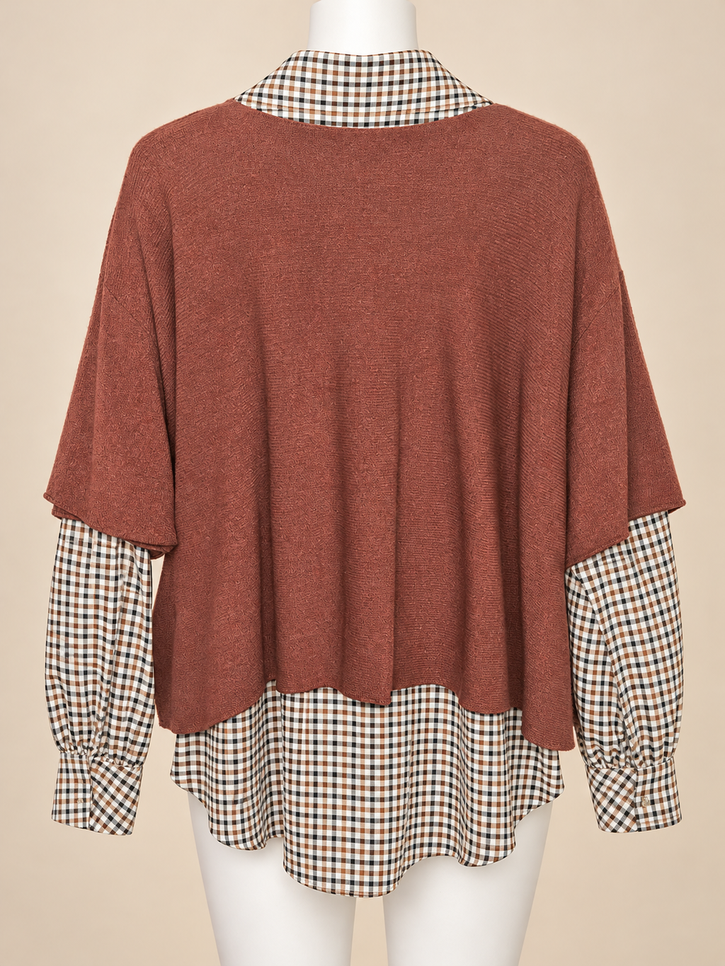 Ensemble femme deux pièces – Chemise vichy et pull brun brique – Taille unique