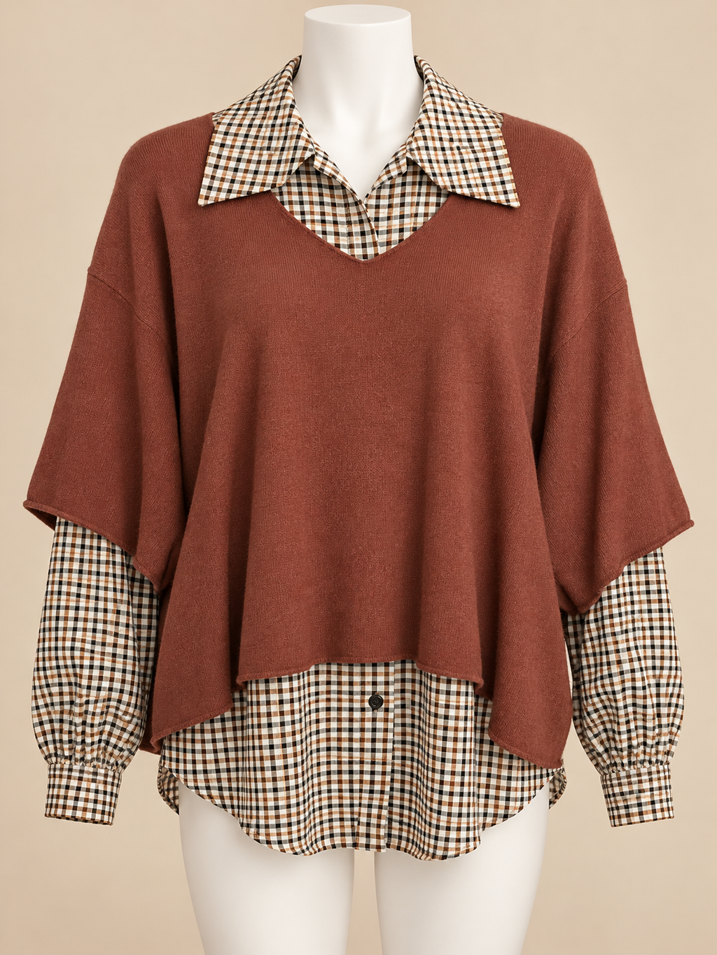 Ensemble femme deux pièces – Chemise vichy et pull brun brique – Taille unique