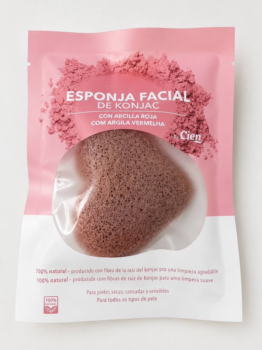 Éponge faciale de Konjac à l’argile rouge Cien – 100 % naturelle