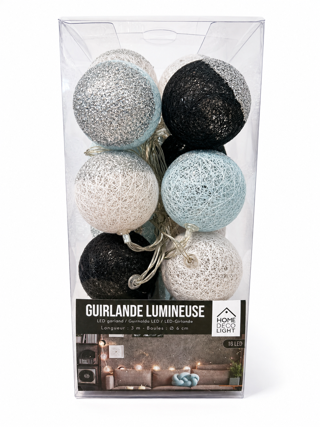 Guirlande lumineuse LED 16 boules bleu, blanc & noir – 3 m