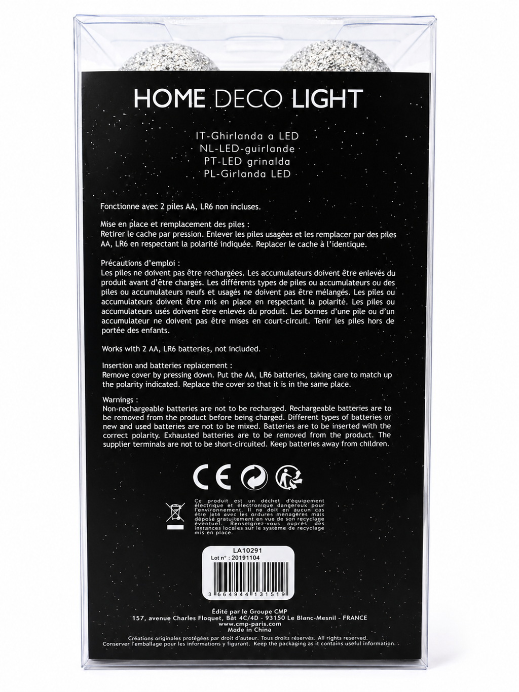 Guirlande lumineuse LED 16 boules bleu, blanc & noir – 3 m