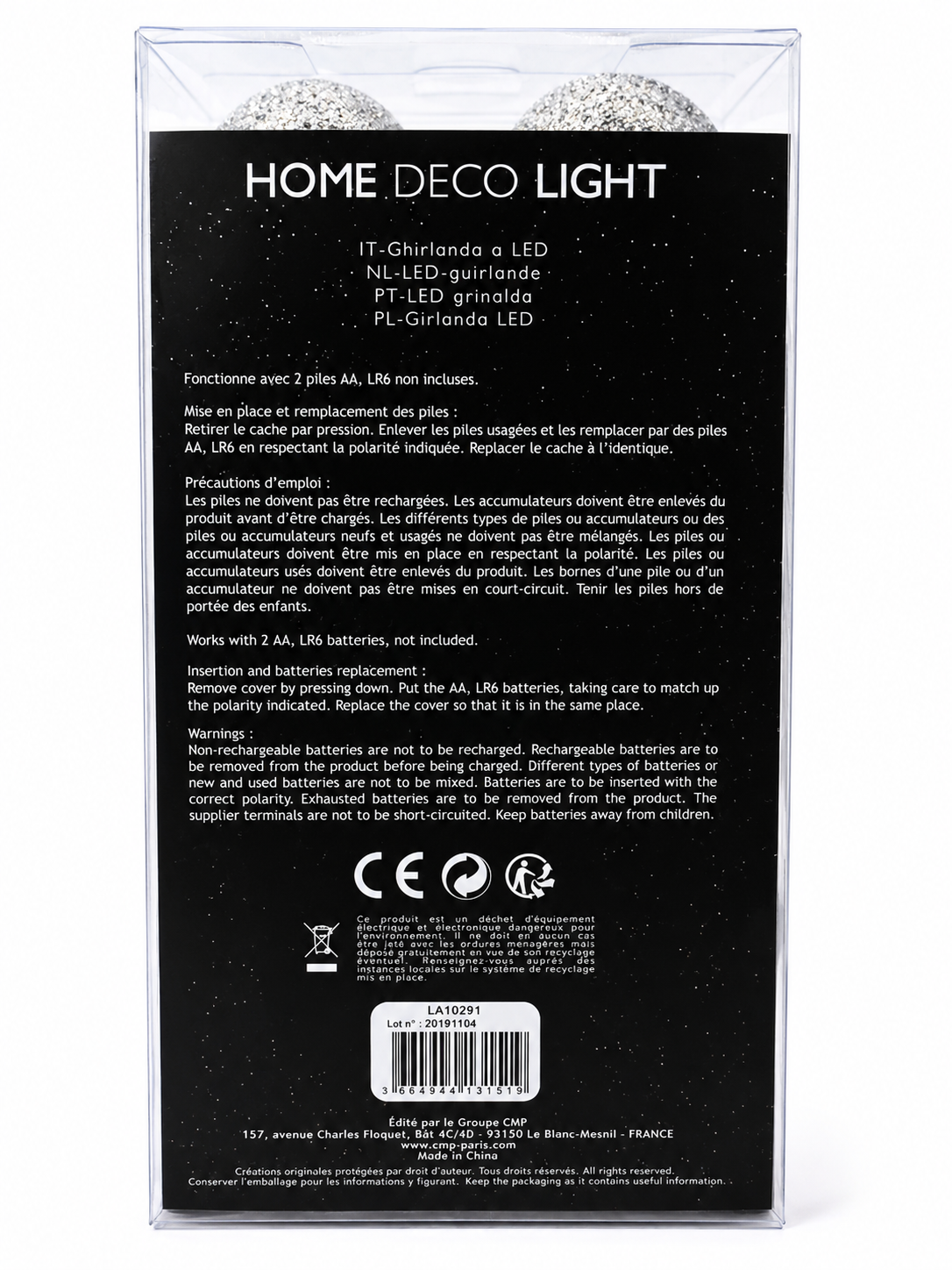 Guirlande lumineuse LED 16 boules bleu, blanc & noir – 3 m