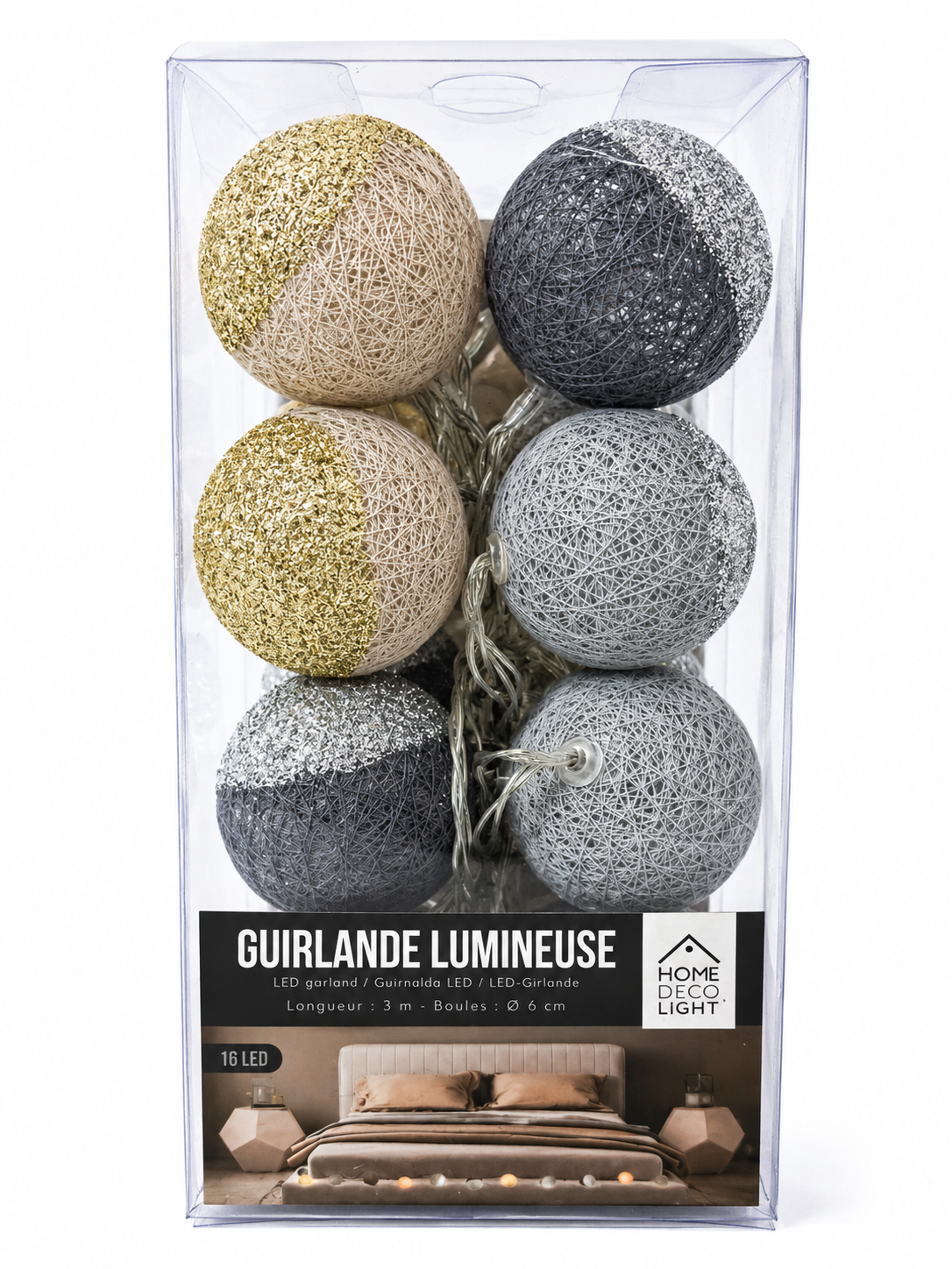 Guirlande lumineuse LED 16 boules beige, gris & noir – 3 m