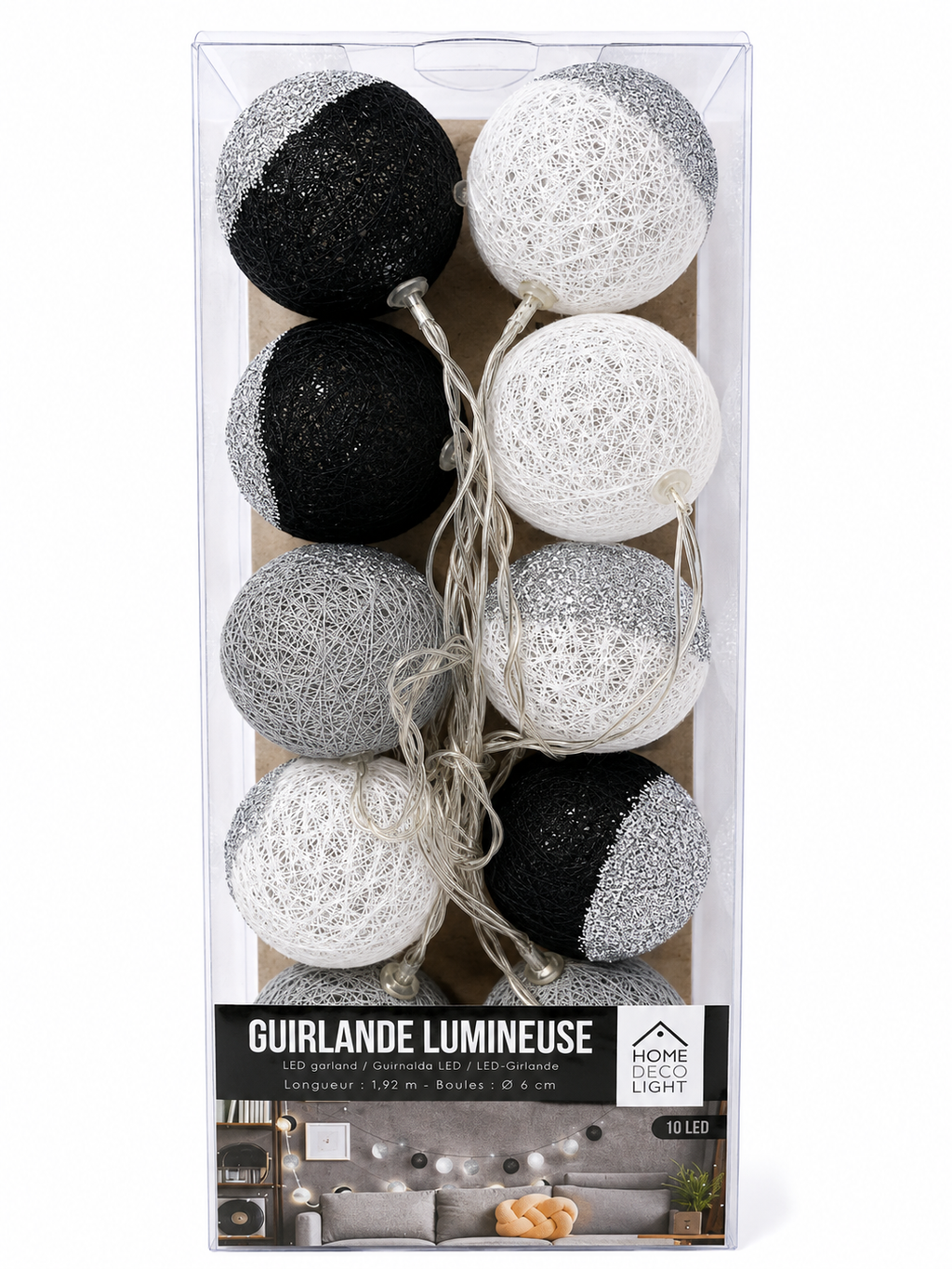 Guirlande lumineuse LED 10 boules noir, blanc & gris – 1,92 m