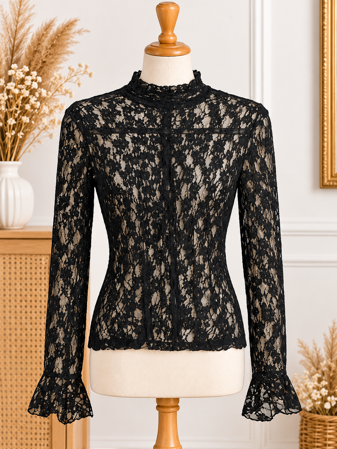Haut femme noir en dentelle transparente – Made in Italy – S / M / L