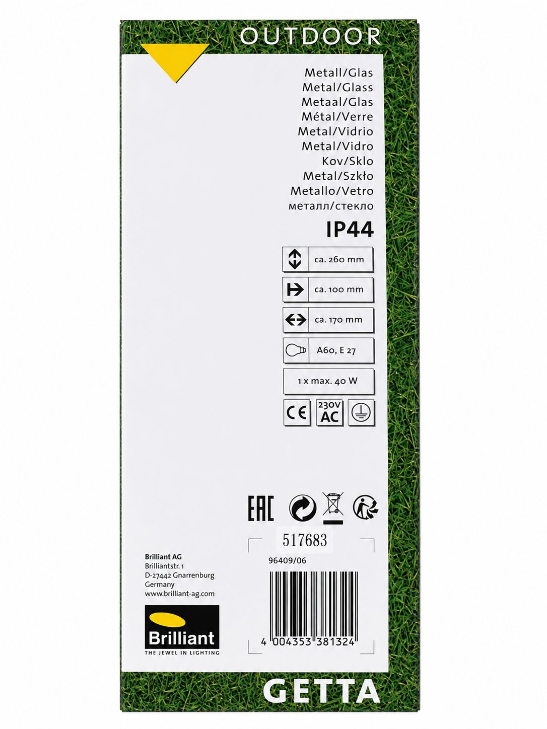 Applique murale extérieure BRILLIANT GETTA – E27 – IP44 – Noir