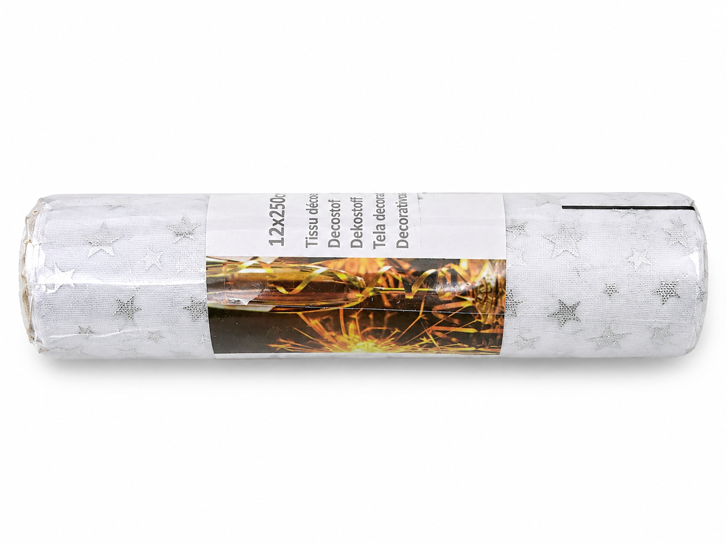 Tissu décoratif blanc à étoiles argentées – 12 cm × 2,50 m